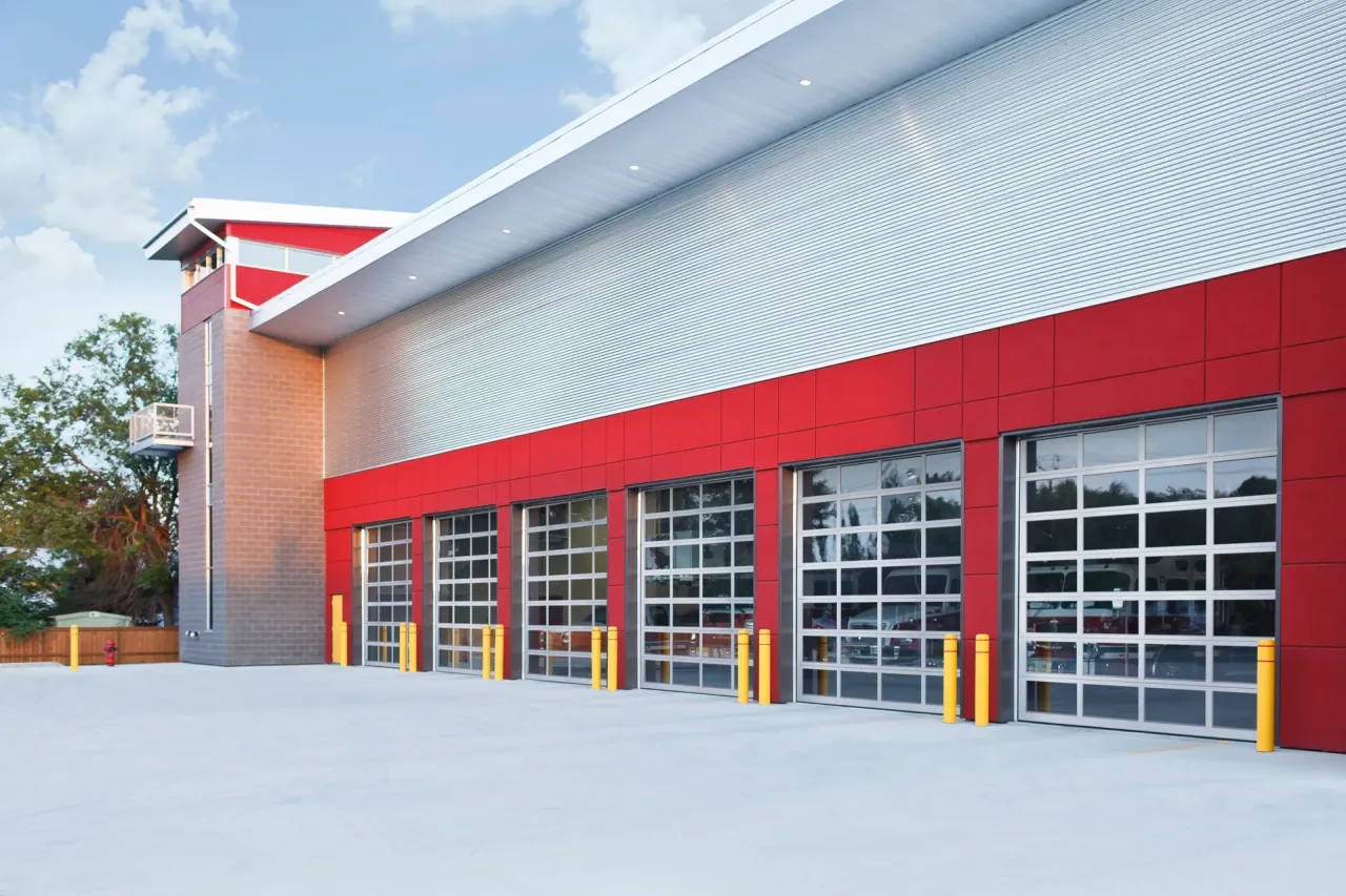 Commercial garage doors with decorative wood finish